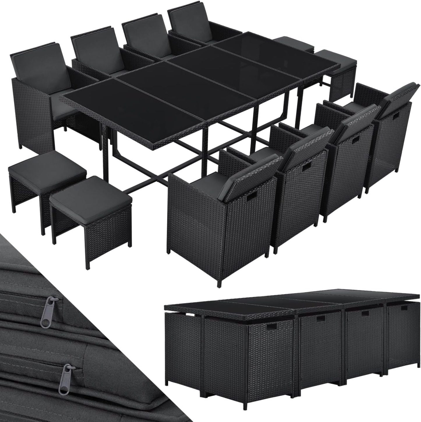 Juskys Groupe de sièges en polyrotin Baracoa XXL 13 pièces résistant aux intempéries et empilable - Ensemble de mobilier de Jardin avec 8 chaises, 4 tabourets et Table - Noir, 12 Personnes