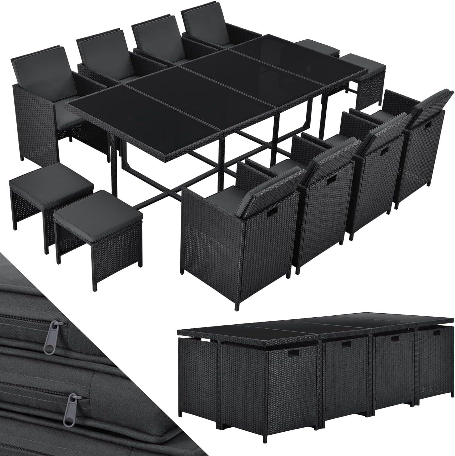 Juskys Groupe de sièges en polyrotin Baracoa XXL 13 pièces résistant aux intempéries et empilable - Ensemble de mobilier de Jardin avec 8 chaises, 4 tabourets et Table - Noir, 12 Personnes