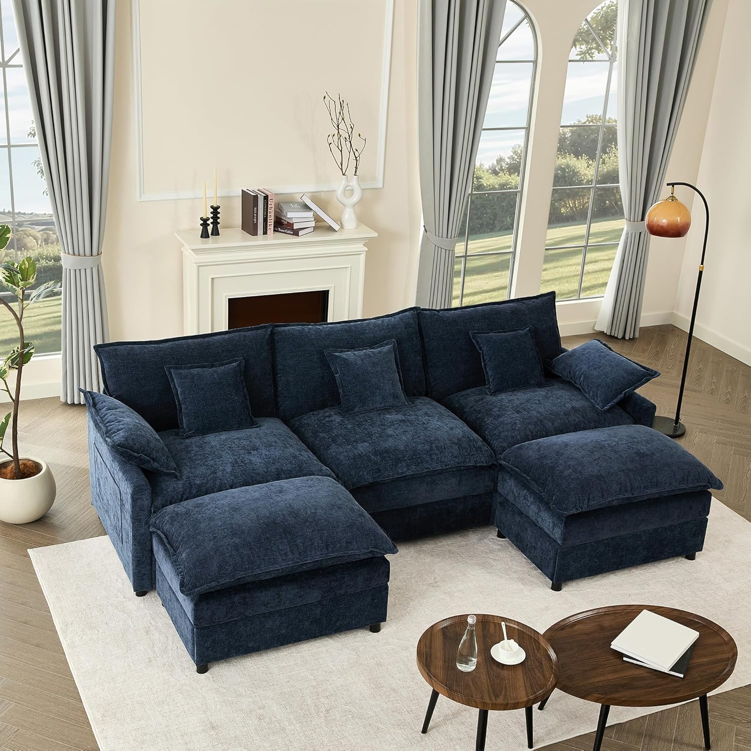 Canapé d’Angle Modulable en U 274 cm – 3 Places avec Repose-Pieds Amovible – Canapé Profond pour Salon, Meuble de Salon Moderne (Bleu Marine)