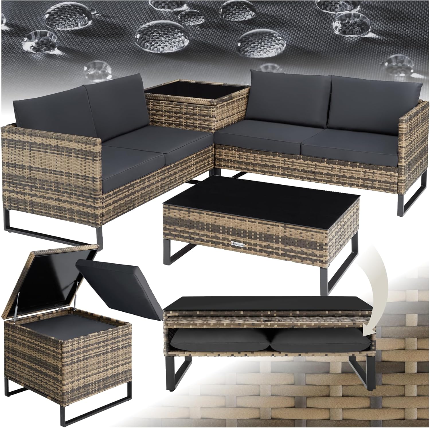 tectake Ensemble Salon de Jardin Exterieur Modulable Canapé de jardin en Poly Rotin 4 Personnes, Table de Jardin & Coffre de Rangement inclus, Mobilier de Jardin pour Amenagement Balcon