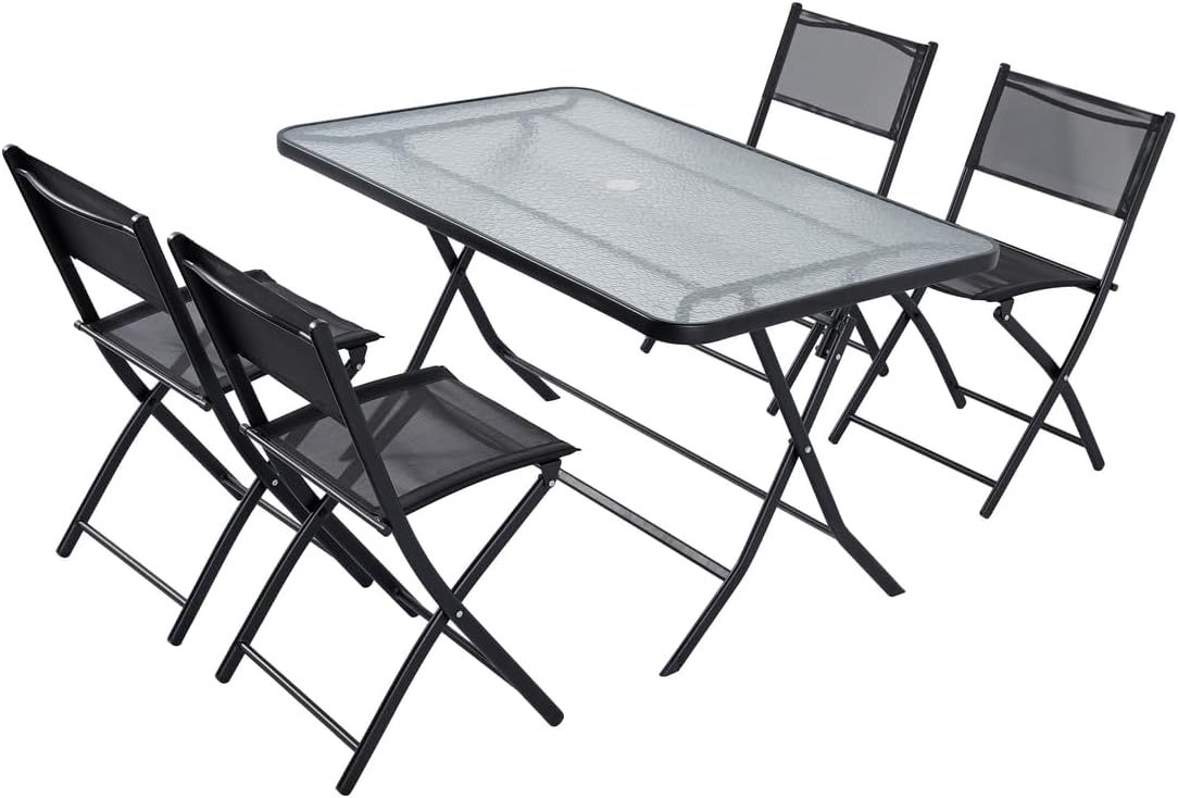 CONCEPT USINE | Salon de Jardin Pliable Mahon Noir 4 Personnes | Mobilier Repas d'Extérieur | Léger, Pratique & Robuste | en Acier + Epoxy | Table avec Plateau en Verre Trempé + 4 Chaises