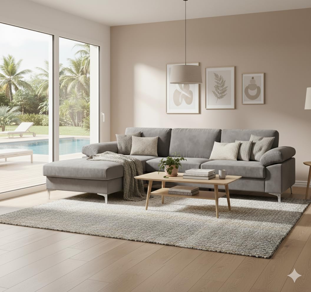 CONCEPT USINE | Canapé d'angle en Velours 4-5 Places | Design Galway Gris | Largeur 262 cm | Angle Gauche | Confort Ultra Luxueux | Structure Bois Robuste | Pieds Métal | Style Moderne et Élégant