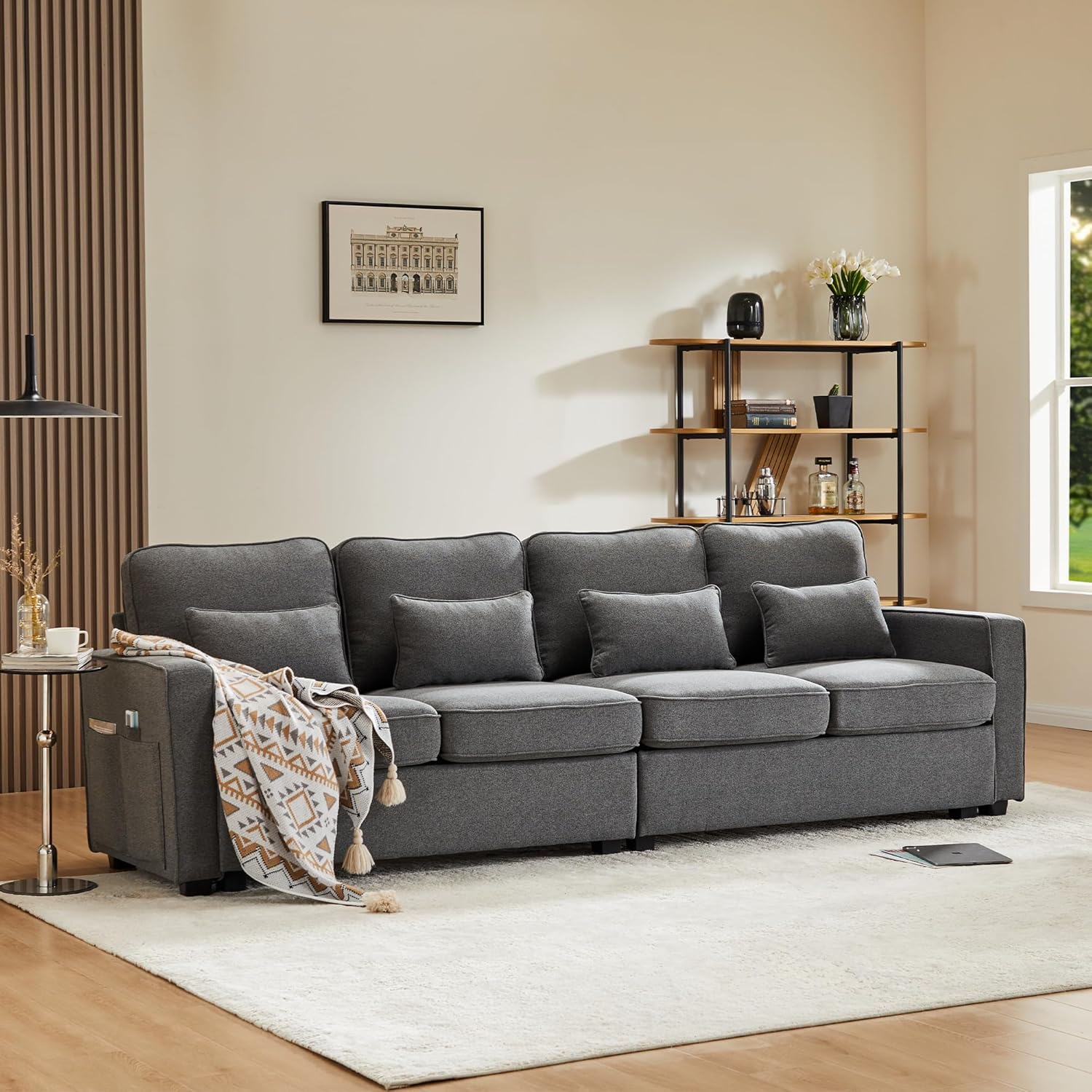 Merax Canapé 4 places en lin - Grand canapé avec rembourrage confortable - Pour salon, chambre à coucher, chambre d'amis, avec poches pour accoudoirs et 4 coussins - Gris foncé