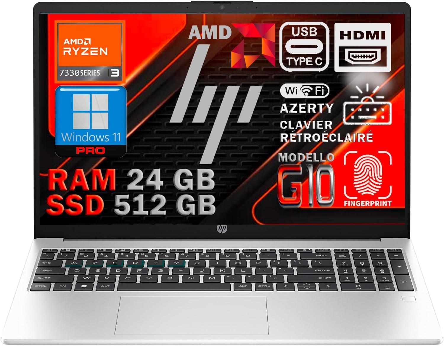 HP 255 G10 Ordinateur Portable AMD Ryzen 3 7330U, RAM 24 Go DDR4, SSD 512 Go NVMe, Écran 15.6" FHD Antireflet, Châssis Aluminium, WiFi 6E, Clavier AZERTY Rétroéclairé, Empreinte Digitale, Win 11 Pro
