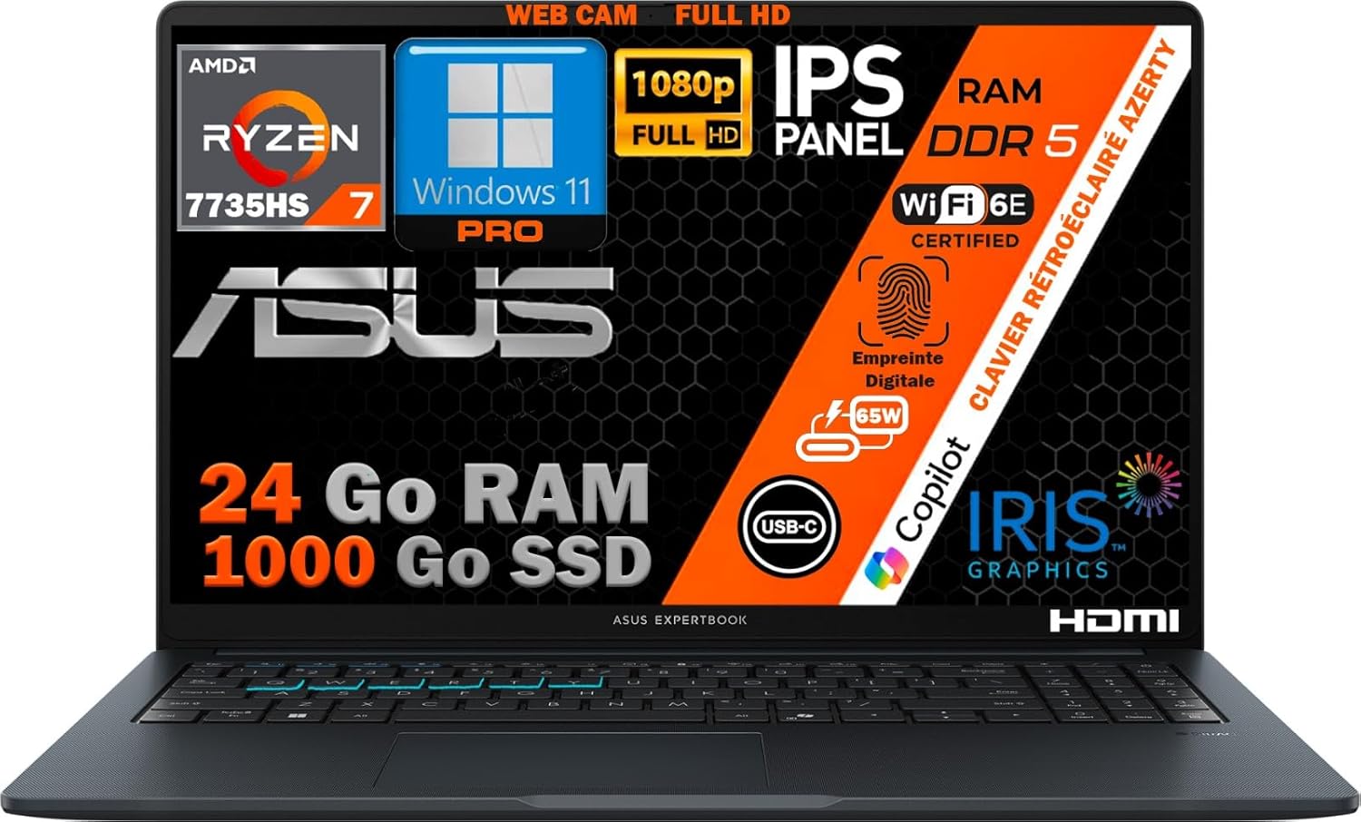 ASUS Ordinateur Portable Ryzen 7 7735HS, RAM 24Go DDR5, SSD 1To, Écran 15.6" FHD IPS, WiFi 6E, Webcam 1080p, Port Ethernet RJ45, Copilot IA, Clavier AZERTY Rétroéclairé, Empreinte Digitale, Win 11 Pro