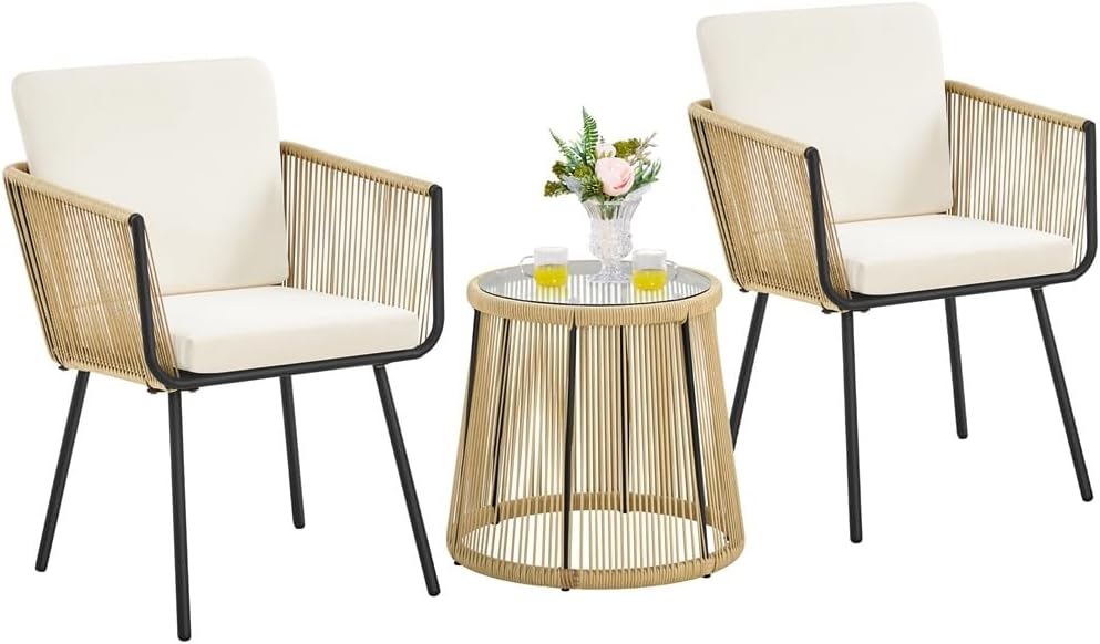 Salon de Jardin Extérieur en Osier 2 Personnes Table et Chaise Ensembles 3 Pièces avec Fauteuils à Coussins Mobilier de Jardin pour Balcon, Terrasse Kaki/Crème