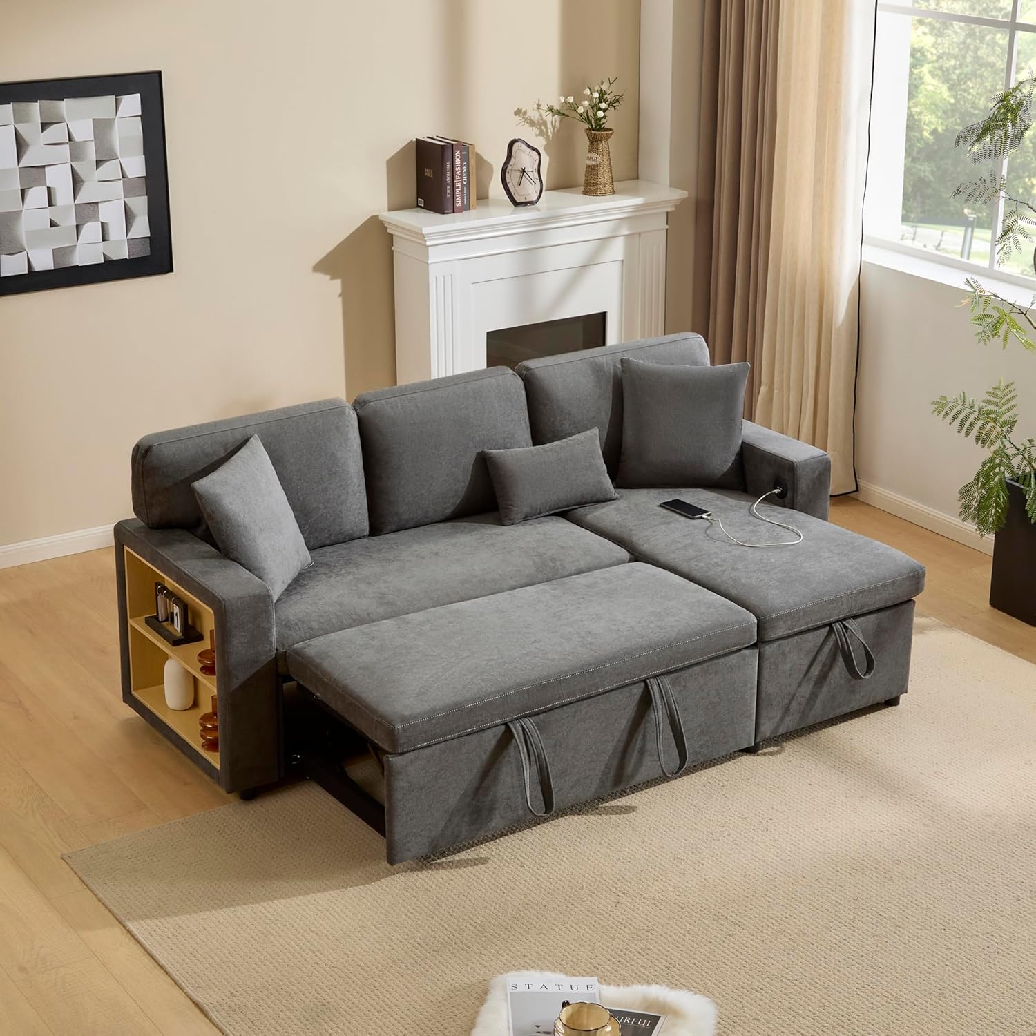 Canapé convertible 3 places en forme de L avec USB et étagère intégrée, meubles rembourrés, convertible avec tiroir de lit, meuble de salon, gris foncé