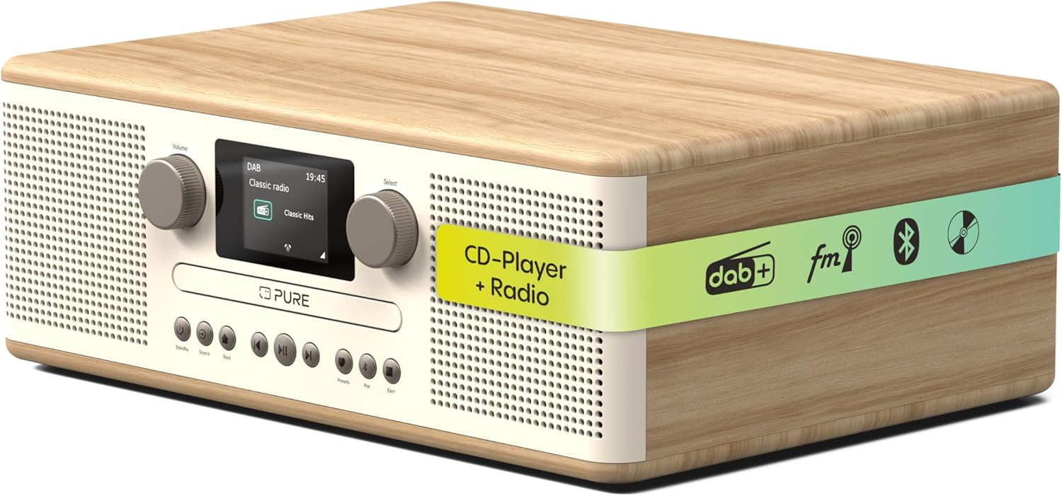 Pure Classic C-D6 Système Musical (Lecteur CD, Dab+/FM, Bluetooth, AUX, USB, Alarme Sleeptimer) Blanc Coton/Chêne