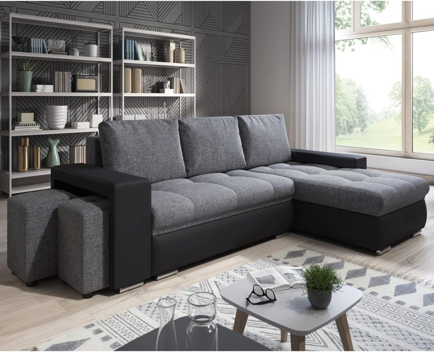Canapé d'angle Simon 255 cm - Convertible et réversible avec Coffre - 3 Places - Simili Noir/Tissu Gris + 2 poufs