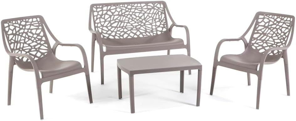 Set / Salon de jardin et extérieur en polypropylène avec fibre de verre 4 places, canapé deux places, 2 fauteuils et table basse, empilable, imperméable, design moderne - Set Maratea (Taupe )