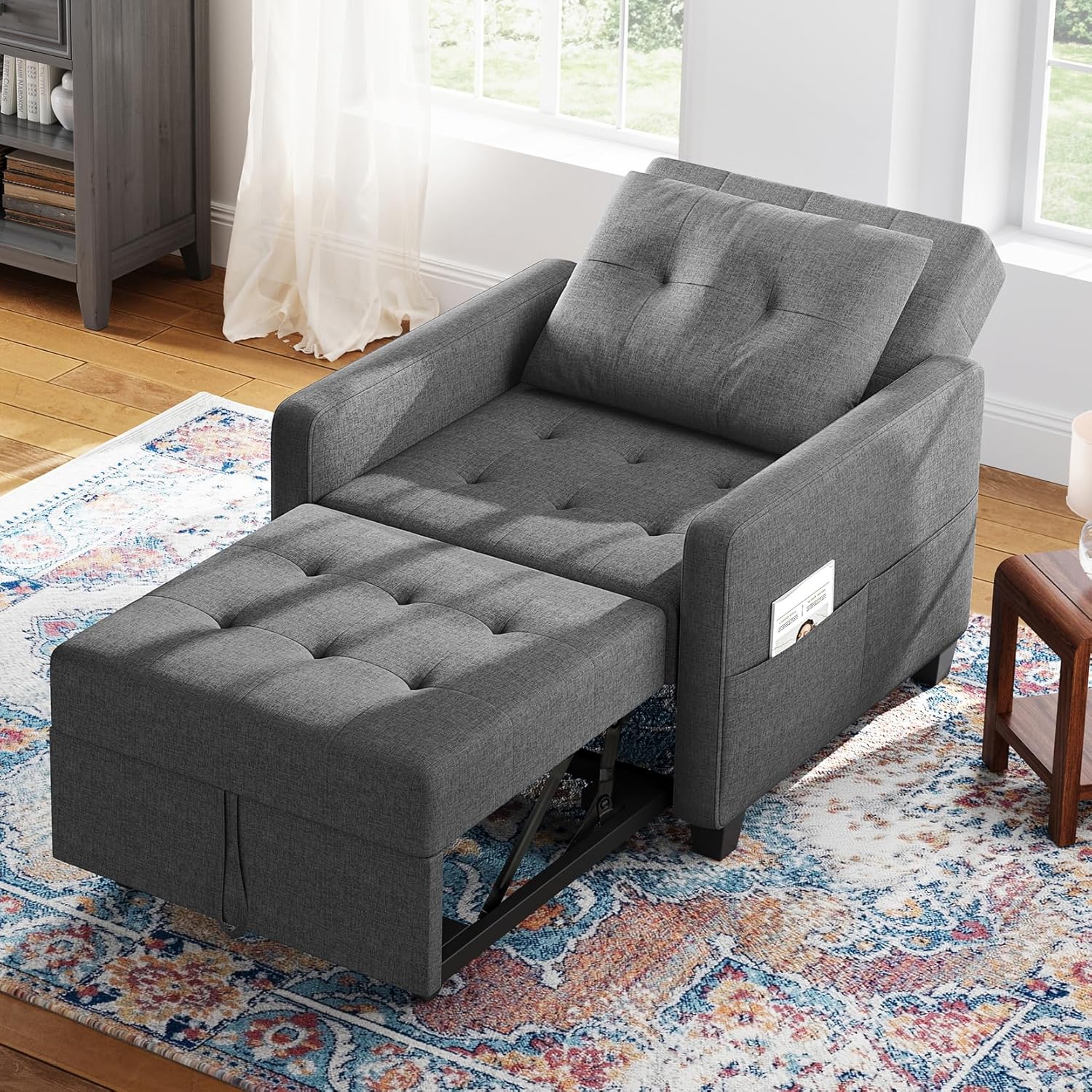 Canapé-lit Compact 3-en-1, canapé Pliant & ottomane avec Fonction lit, Fauteuil Convertible jusqu'à 200 kg, canapé-lit avec revêtement Effet Lin, Fauteuil pour Salon et Chambre d'amis, Gris foncé