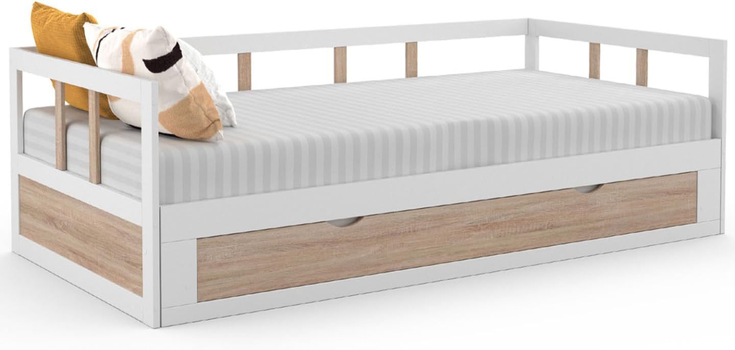 IDMarket - Lit Banquette 90 x 190 cm Zoya Convertible 180 x 190 cm Blanc et hêtre avec 1 tiroir de Rangement