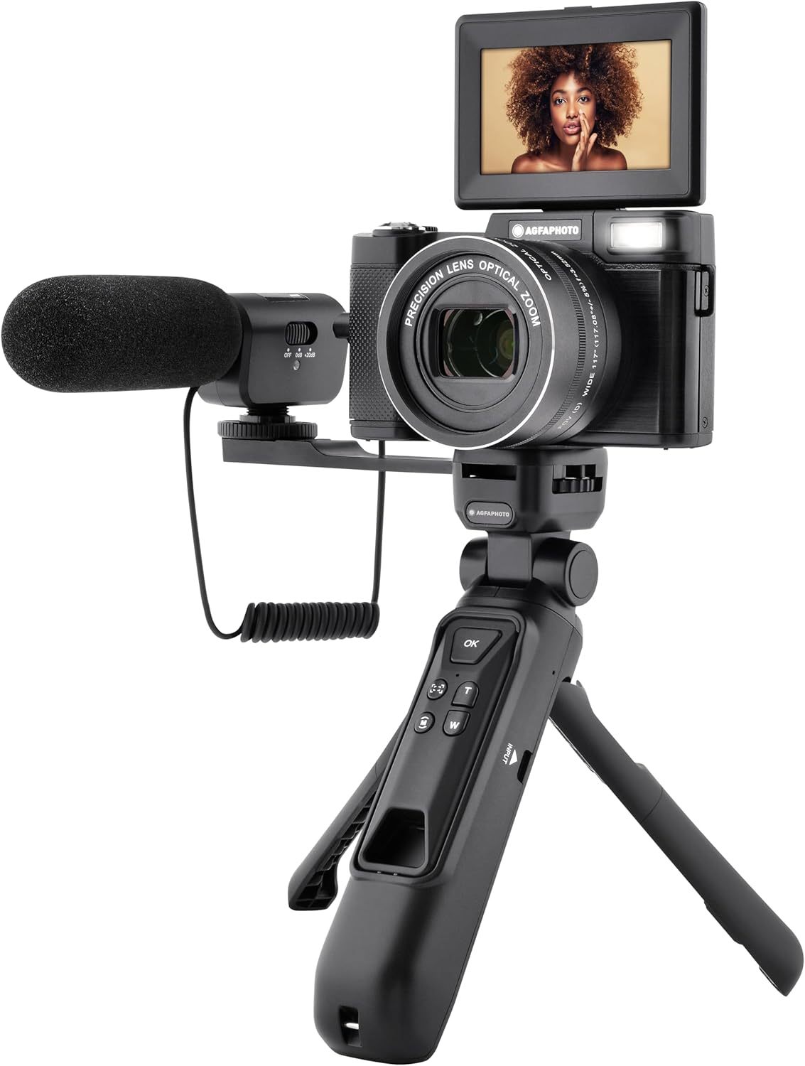 AgfaPhoto Kit Vlogging Tout-en-Un - Caméra VLG-4K Optical, Zoom Optique 5X, Trépied Powerbank, Télécommande, Microphone, Carte Micro-SD 32Go Inclus, Photo 24MP, Écran LCD 3'', Batterie Lithium - Noir