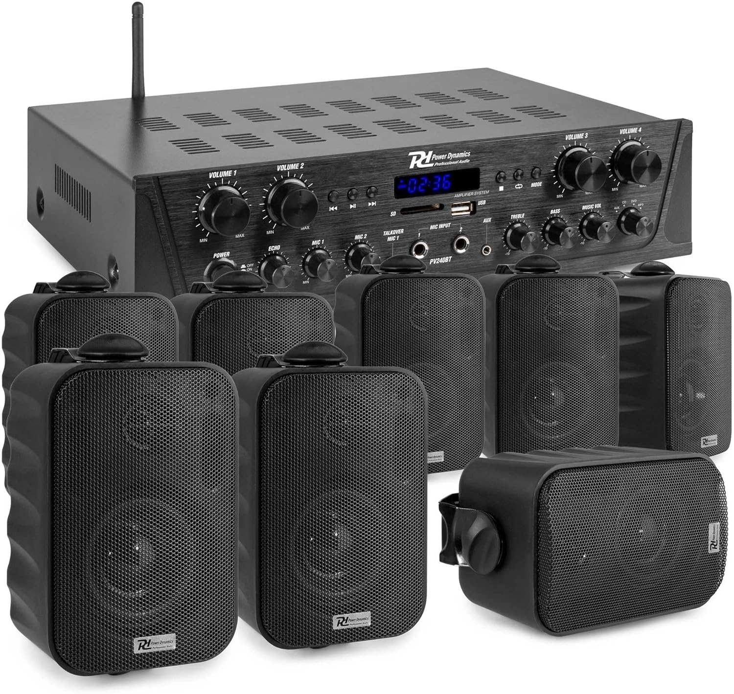 Power Dynamics Pack Sonorisation 4 Zones 400 Watts Bluetooth avec 8 Enceintes Noires, Lecteur MP3 USB/SD, Radio FM, Entrées Micro, Télécommande - Kit Complet pour Multi-Pièces, Restauration