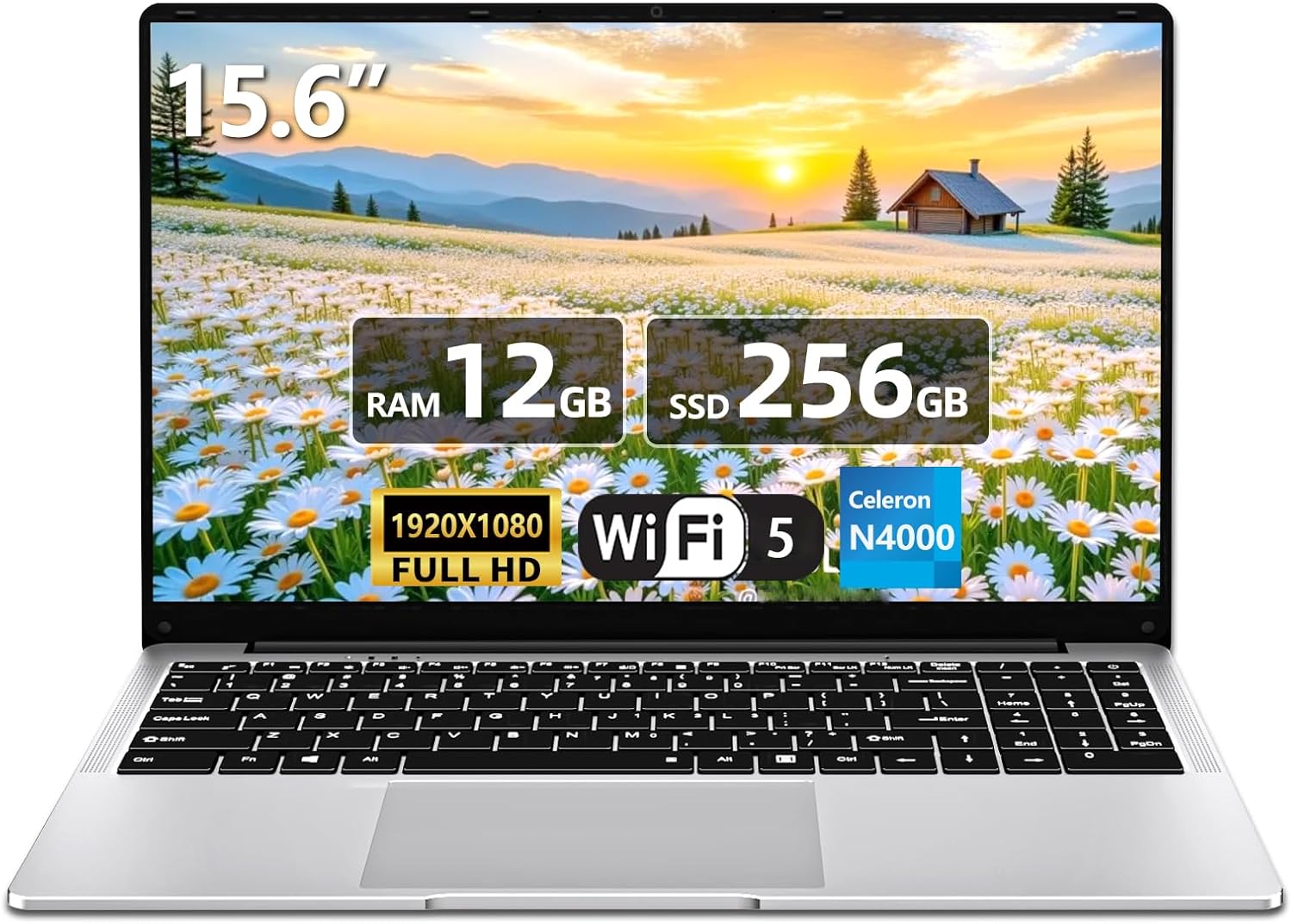 Ordinateur Portable 15,6", Celeron N4000 Portable, Laptop 12Go DDR4 RAM 256Go SSD, PC Portable Ordinateur 1920 * 1080 FHD IPS WiFi5/Mini-HDMI/USB3.0/BT4.2/Webcan, Carte TF Développer to 1To