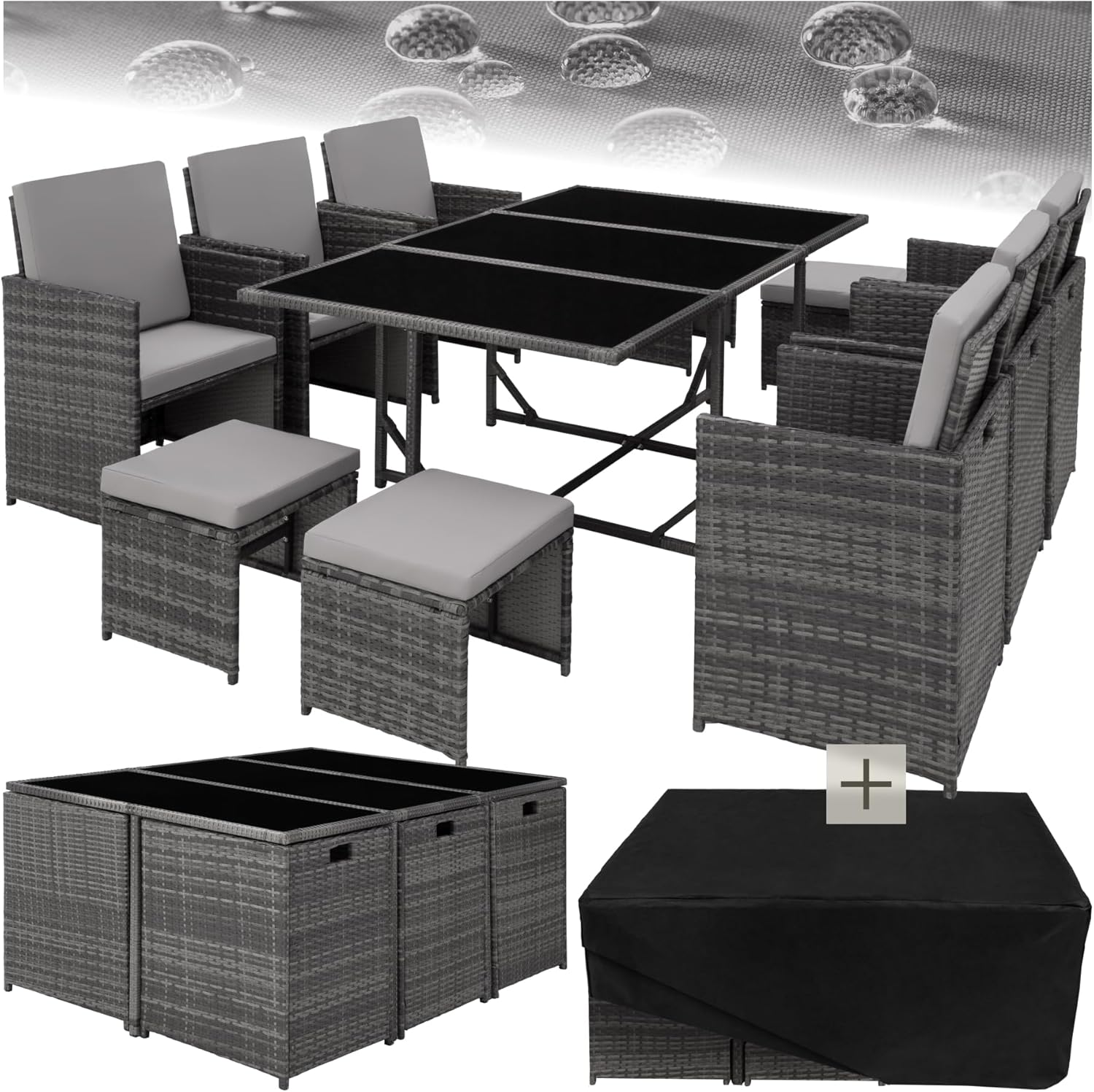 TecTake Salon de Jardin Exterieur en Résine Tressée Poly Rotin Salon de Jardin Table 10 Personnes 6 Fauteuil en rotin 4 Tabouret Pouf Encastrable avec Housse de Protection, Entretien Facile
