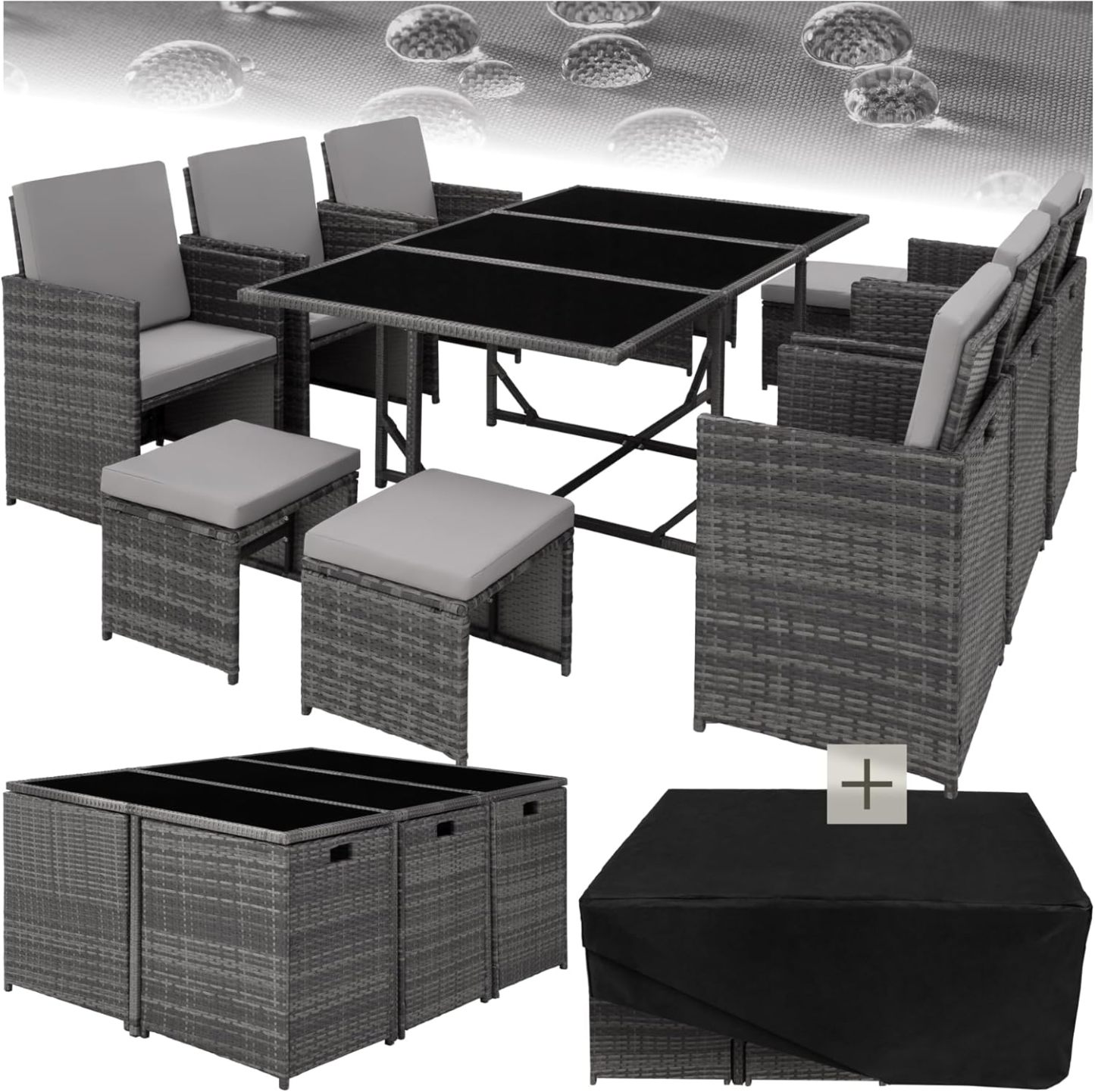 TecTake Salon de Jardin Exterieur en Résine Tressée Poly Rotin Salon de Jardin Table 10 Personnes 6 Fauteuil en rotin 4 Tabouret Pouf Encastrable avec Housse de Protection, Entretien Facile