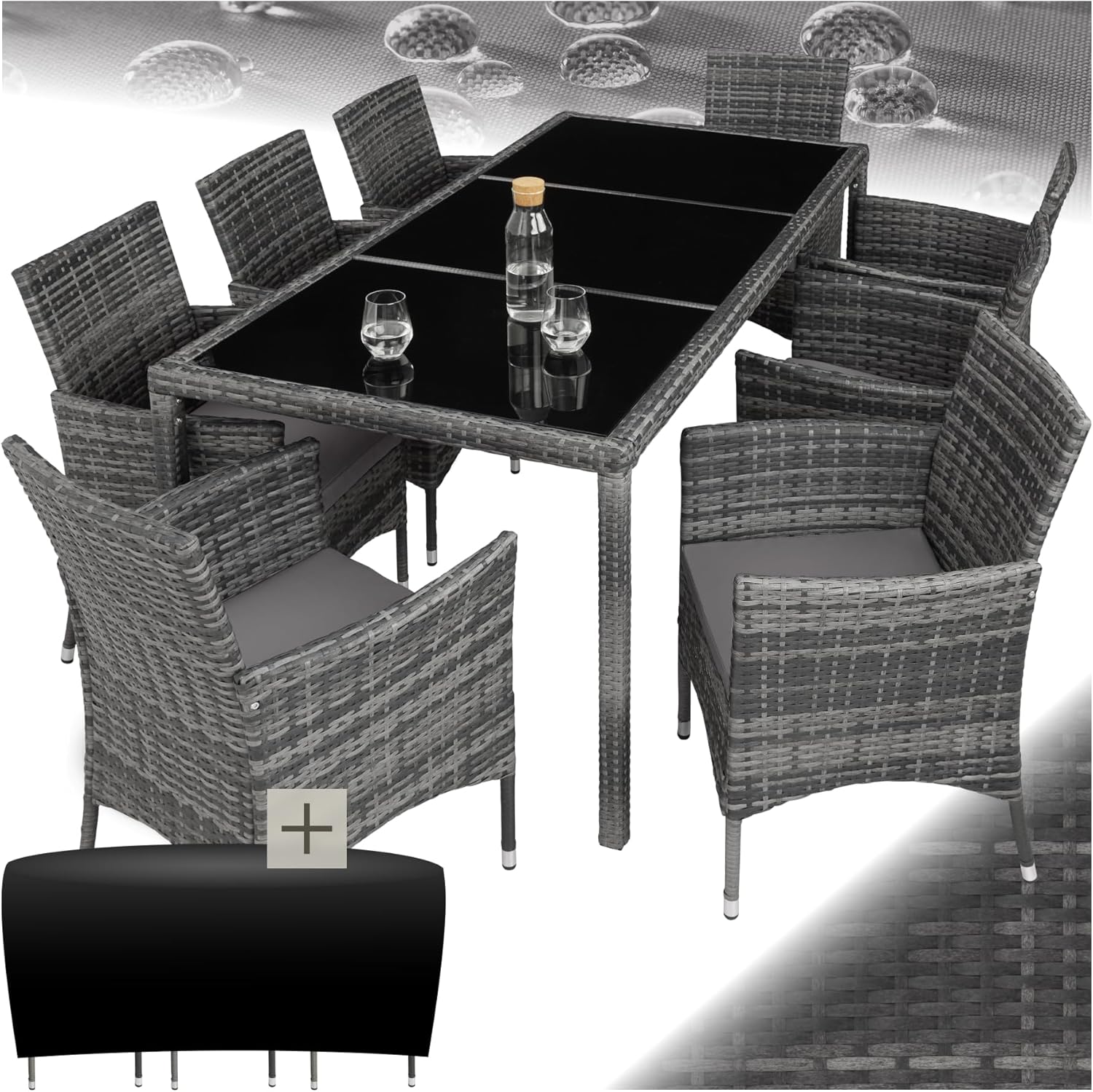 TecTake Salon de Jardin Extérieur en Poly Rotin - Table, 8 Fauteuils Confortables, Housse de Protection - Mobilier pour Aménagement Balcon Terrasse - Gris Tacheté/Gris