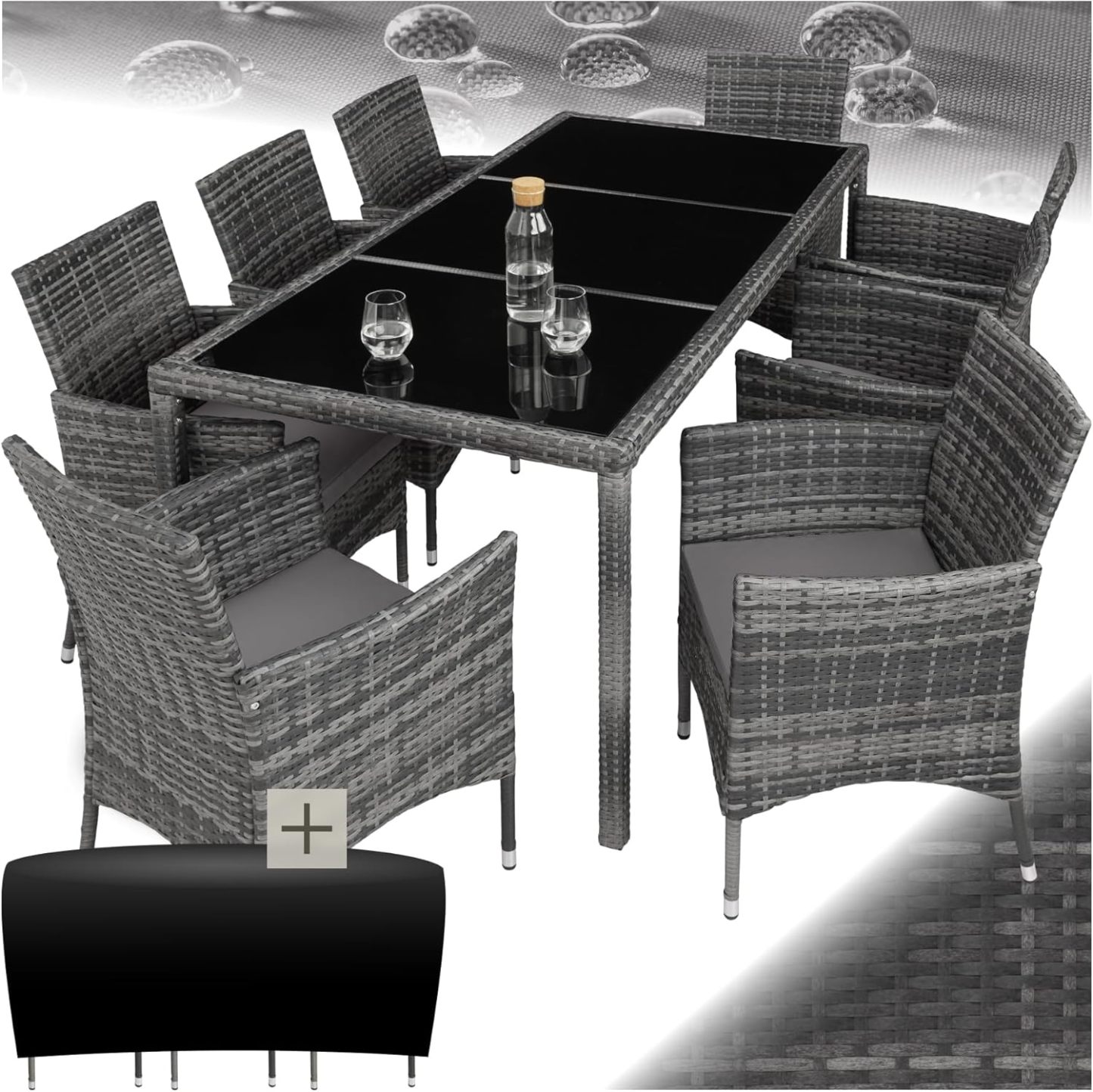 TecTake Salon de Jardin Extérieur en Poly Rotin - Table, 8 Fauteuils Confortables, Housse de Protection - Mobilier pour Aménagement Balcon Terrasse - Gris Tacheté/Gris
