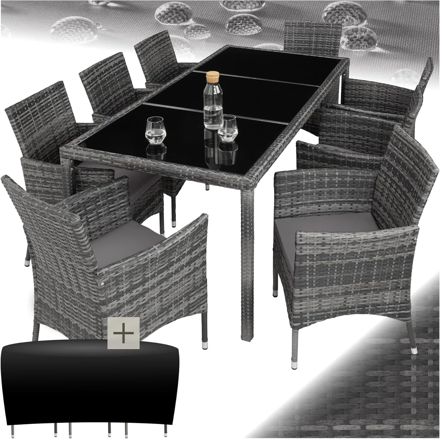 TecTake Salon de Jardin Extérieur en Poly Rotin - Table, 8 Fauteuils Confortables, Housse de Protection - Mobilier pour Aménagement Balcon Terrasse - Gris Tacheté/Gris