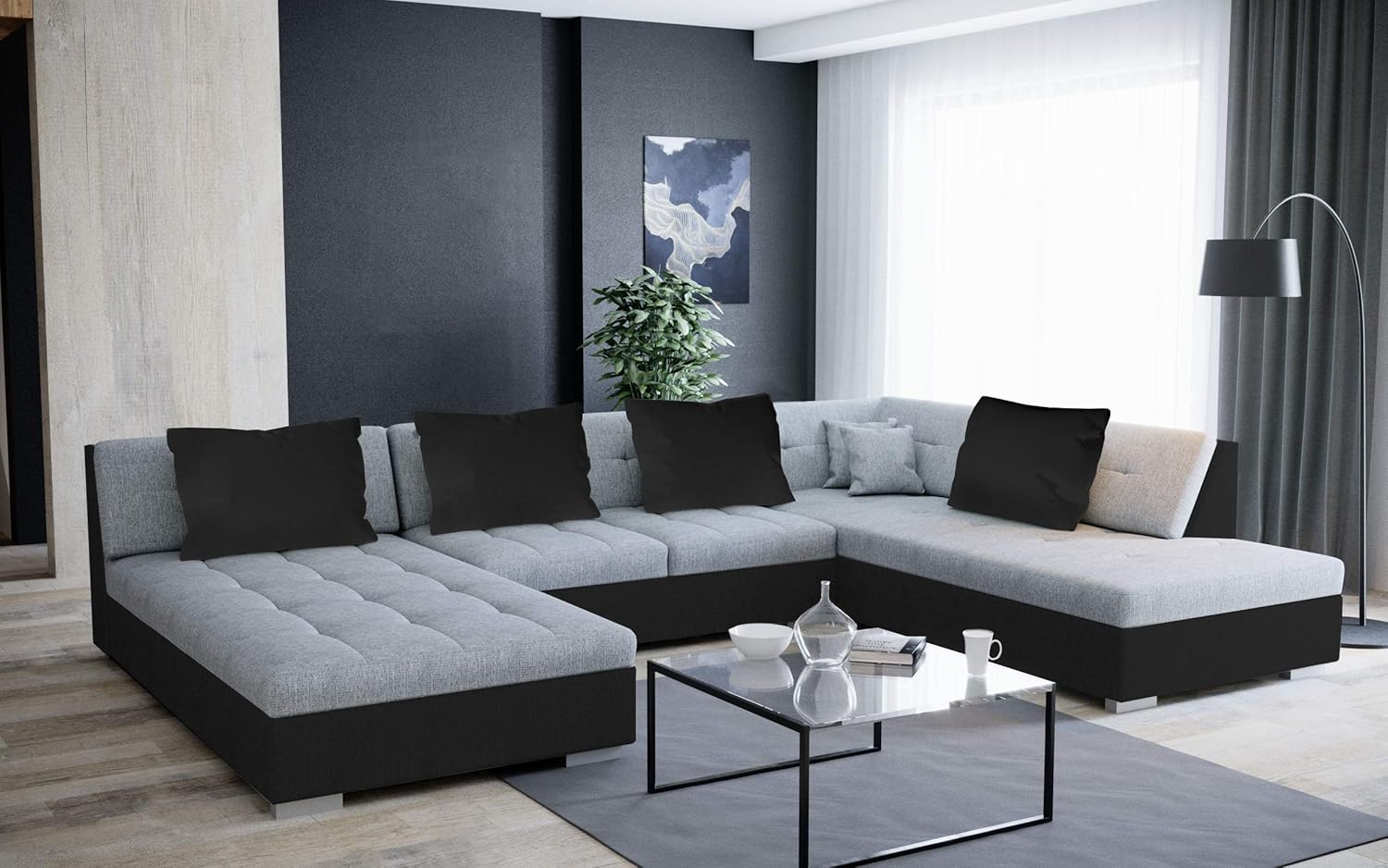 Tendencio Canapé d'angle Convertible et panoramique en U Otis Gris et Noir