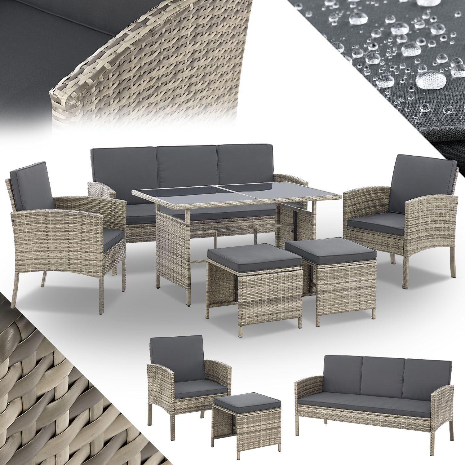 Juskys Salon de Jardin 6 pièces Turin en polyrotin - 7 Personnes - Mobilier d'extérieur avec fauteuils, tabourets, Table & Coussins - Meubles de Jardin pour Coin Lounge - Gris