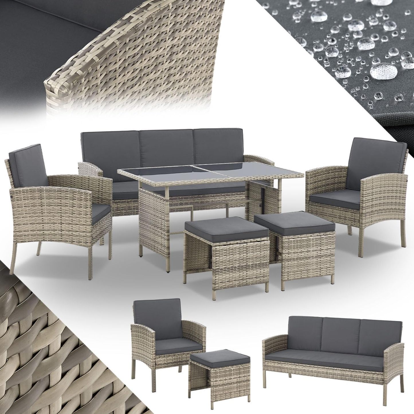 Juskys Salon de Jardin 6 pièces Turin en polyrotin - 7 Personnes - Mobilier d'extérieur avec fauteuils, tabourets, Table & Coussins - Meubles de Jardin pour Coin Lounge - Gris