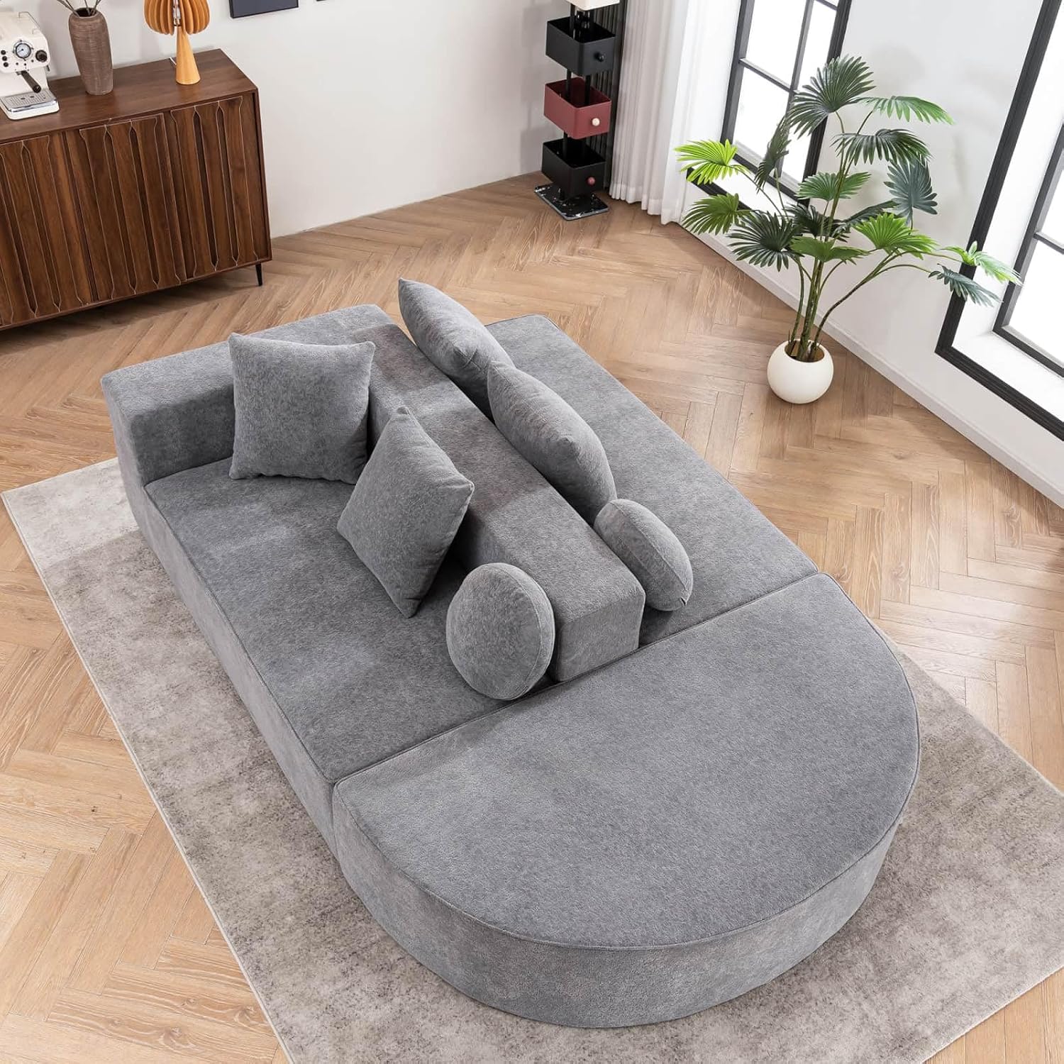 KOMHTOM Canapé Lit Moderne 5 Places en Chenille avec 6 Coussins, Canapé Convertible Modulable Multifonctionnel en U, canapé d'angle Confortable pour Salon et Bureau (Gris)
