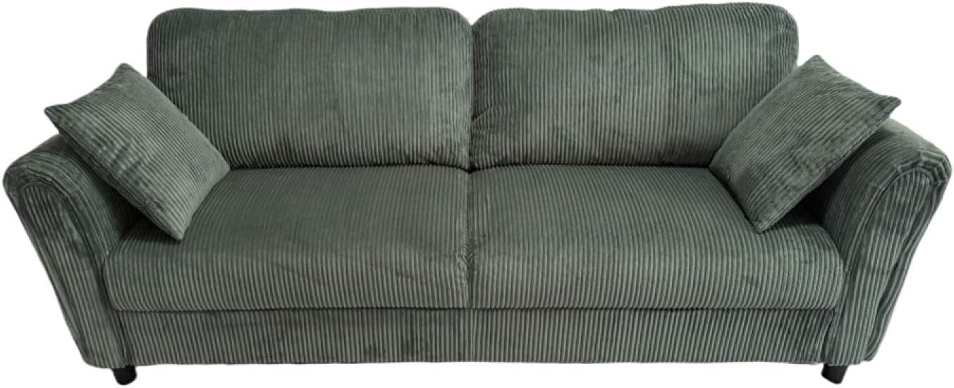 CONCEPT USINE | Canapé Droit 4 Places Lucerne Vert | Velours Côtelé Doux | Confort Ferme | Design Arrondi et Moderne | Structure Bois | 2 Coussins Inclus | 212 cm de Longueur