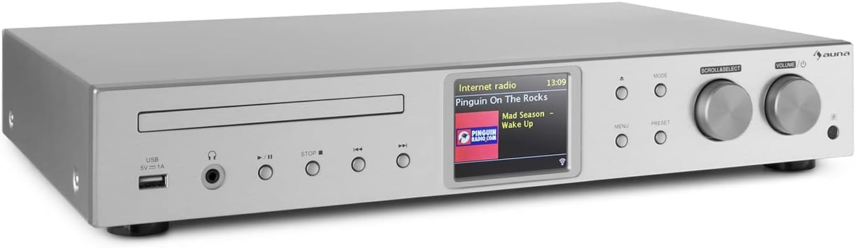 AUNA iTuner CD Récepteur HiFi - Tuner Internet Radio, Tuner HiFi, Radio FM, Dab+, Lecteur CD, Connexions Multiples, WiFi, Spotify Connect, UNDOK, USB - no Bluetooth, Argent
