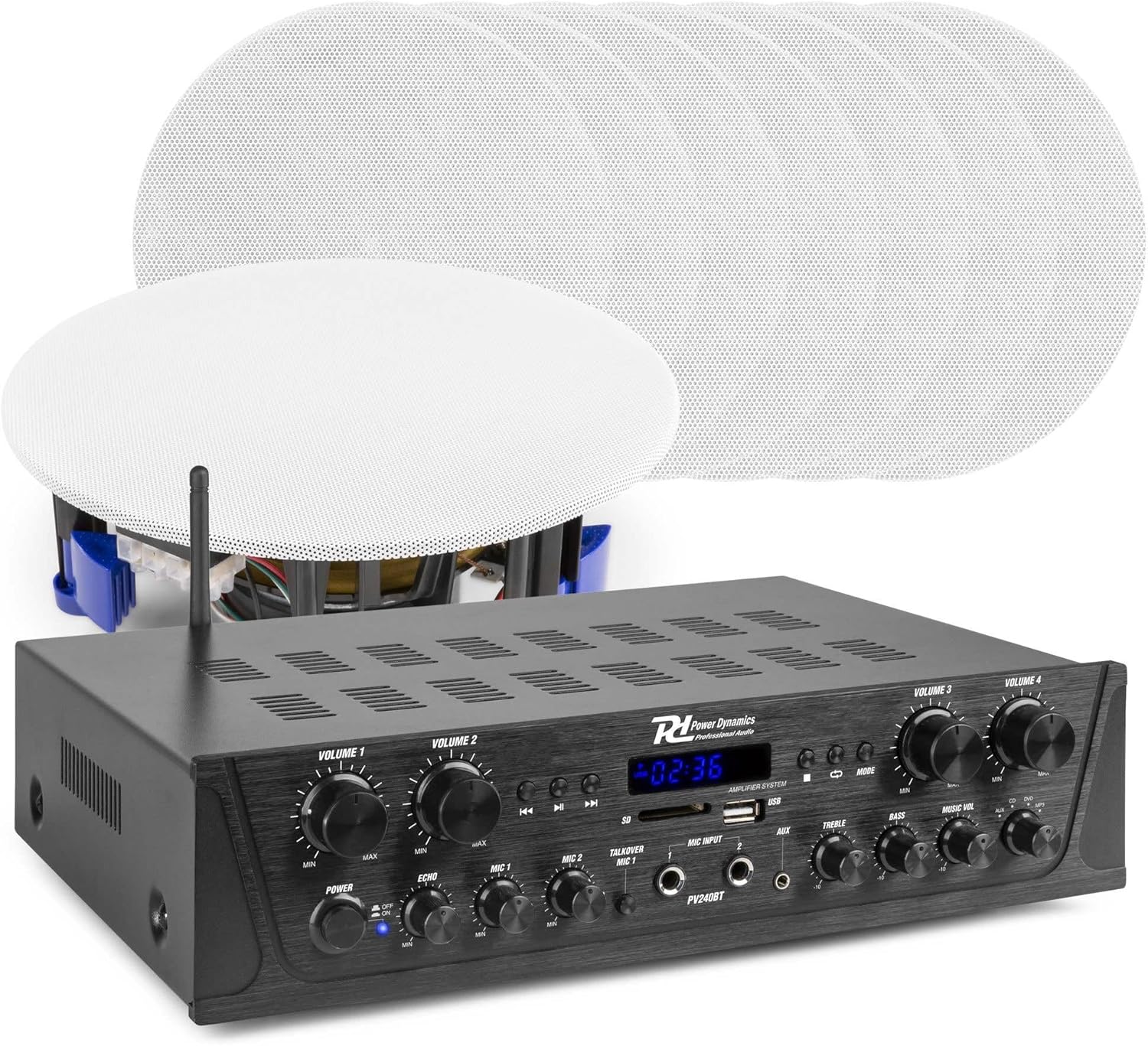 Power Dynamics PV240BT Système Audio Stéréo 4 Zones avec Bluetooth, Amplificateur 400W, 8 Haut-Parleurs Plafond 5,25", Radio FM, Lecteur MP3 USB/SD, Télécommande - Maison, Bureau, Restaurant