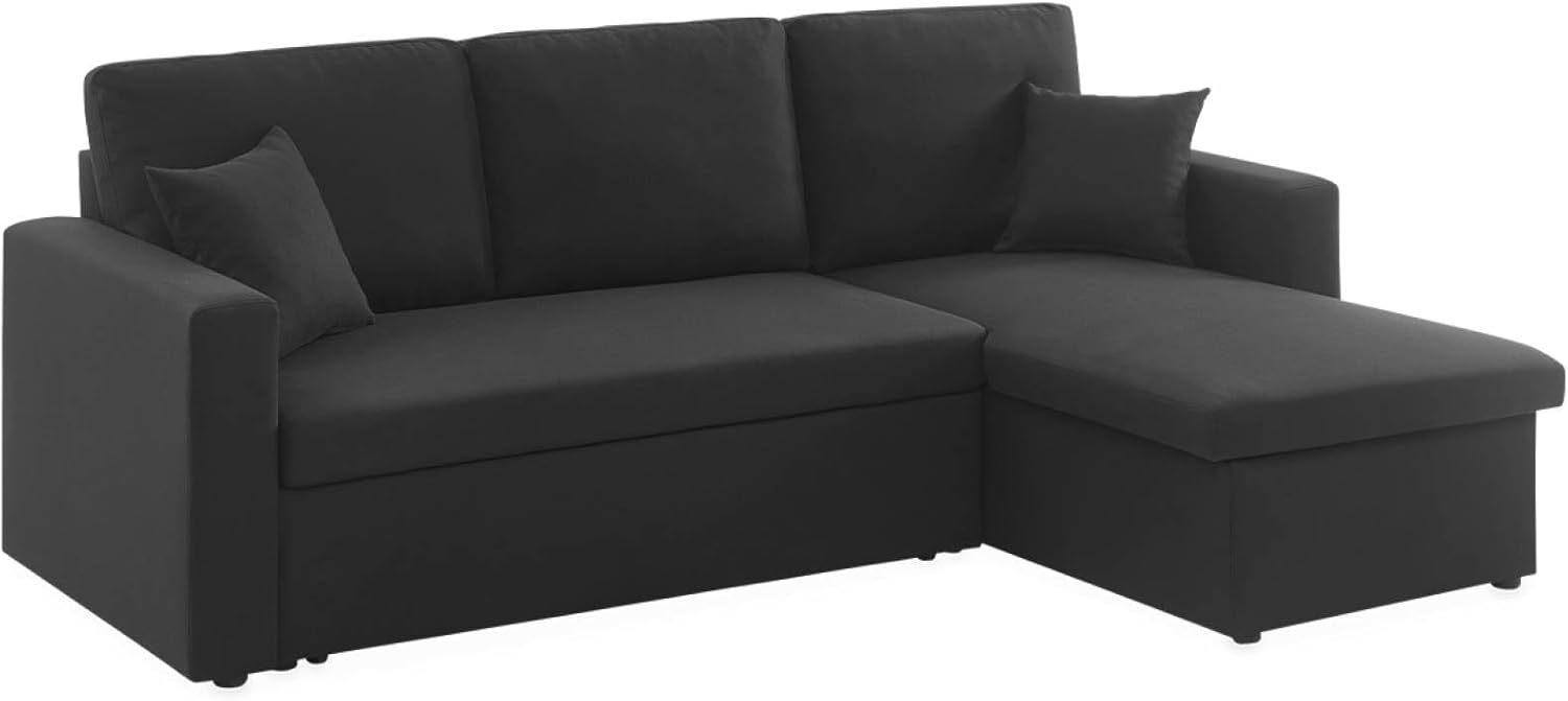 sweeek - Canapé d'angle Smile Convertible réversible Compact 3 Places en Tissu Noir. L 213.5 x P 136.5 x H 83cm. avec Coffre de Rangement