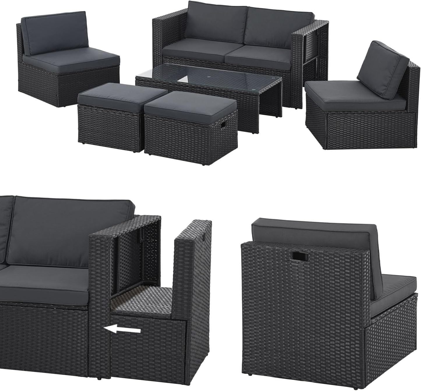 Juskys Salon de Jardin Salou en polyrotin - Espace Lounge d'extérieur résistant aux intempéries pour 6 Personnes - Coin Salon avec Table & Coussins - pour Jardin, Balcon, terrasse - Noir
