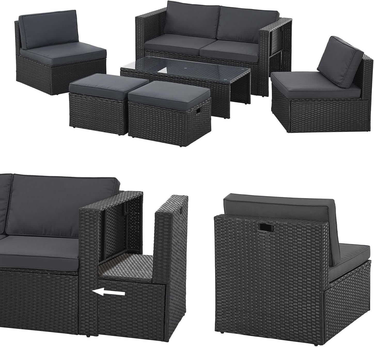 Juskys Salon de Jardin Salou en polyrotin - Espace Lounge d'extérieur résistant aux intempéries pour 6 Personnes - Coin Salon avec Table & Coussins - pour Jardin, Balcon, terrasse - Noir