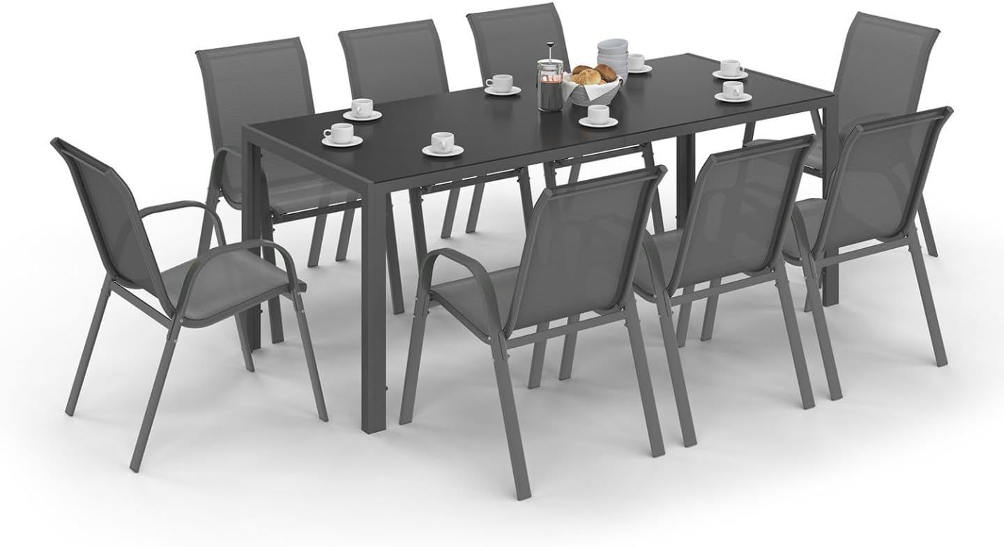 IDMarket - Salon de Jardin Madrid Table 190 CM et 8 chaises empilables Gris Anthracite