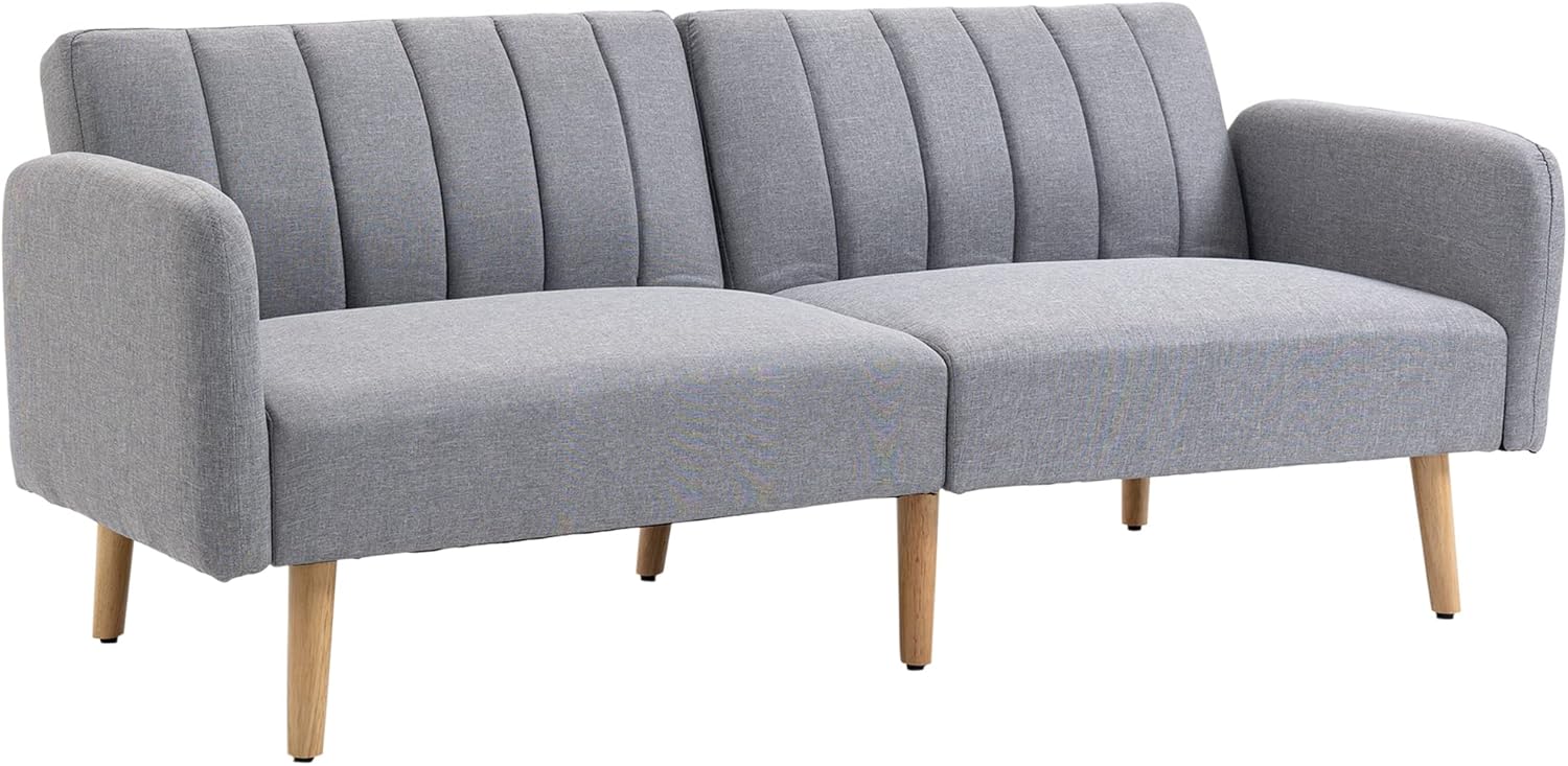 HOMCOM Canapé Convertible 2 Places Design scandinave Dossier inclinable 3 Positions Pieds Bois Tissu Aspect Lin Gris