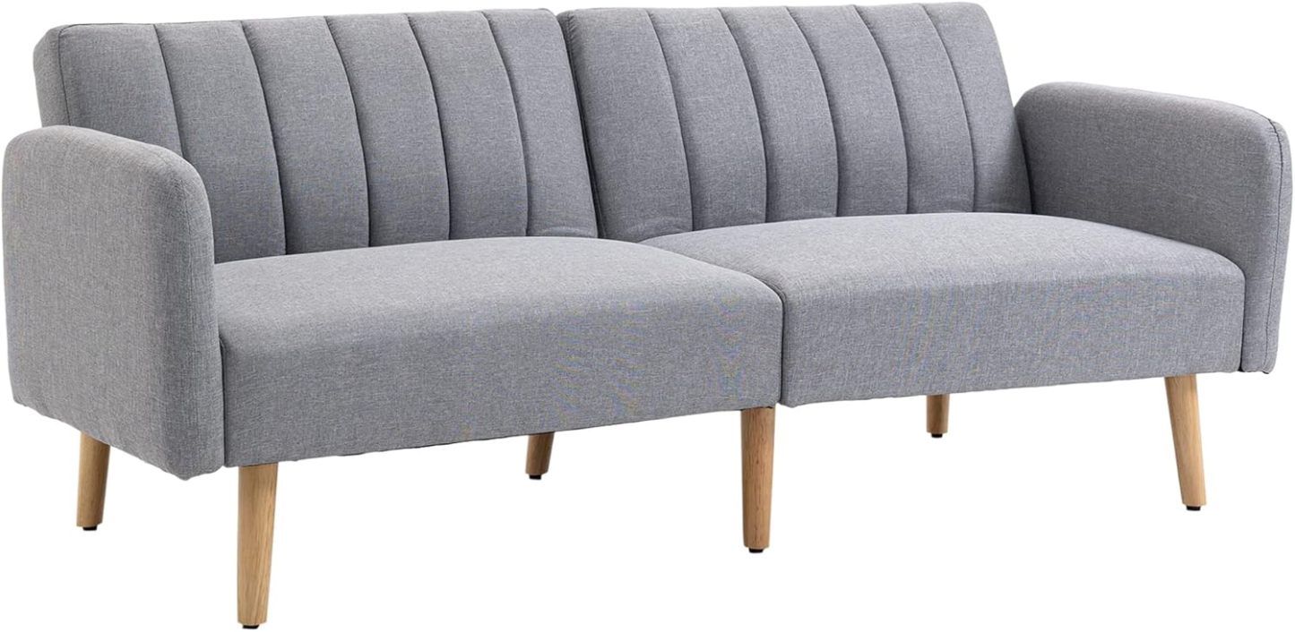HOMCOM Canapé Convertible 2 Places Design scandinave Dossier inclinable 3 Positions Pieds Bois Tissu Aspect Lin Gris