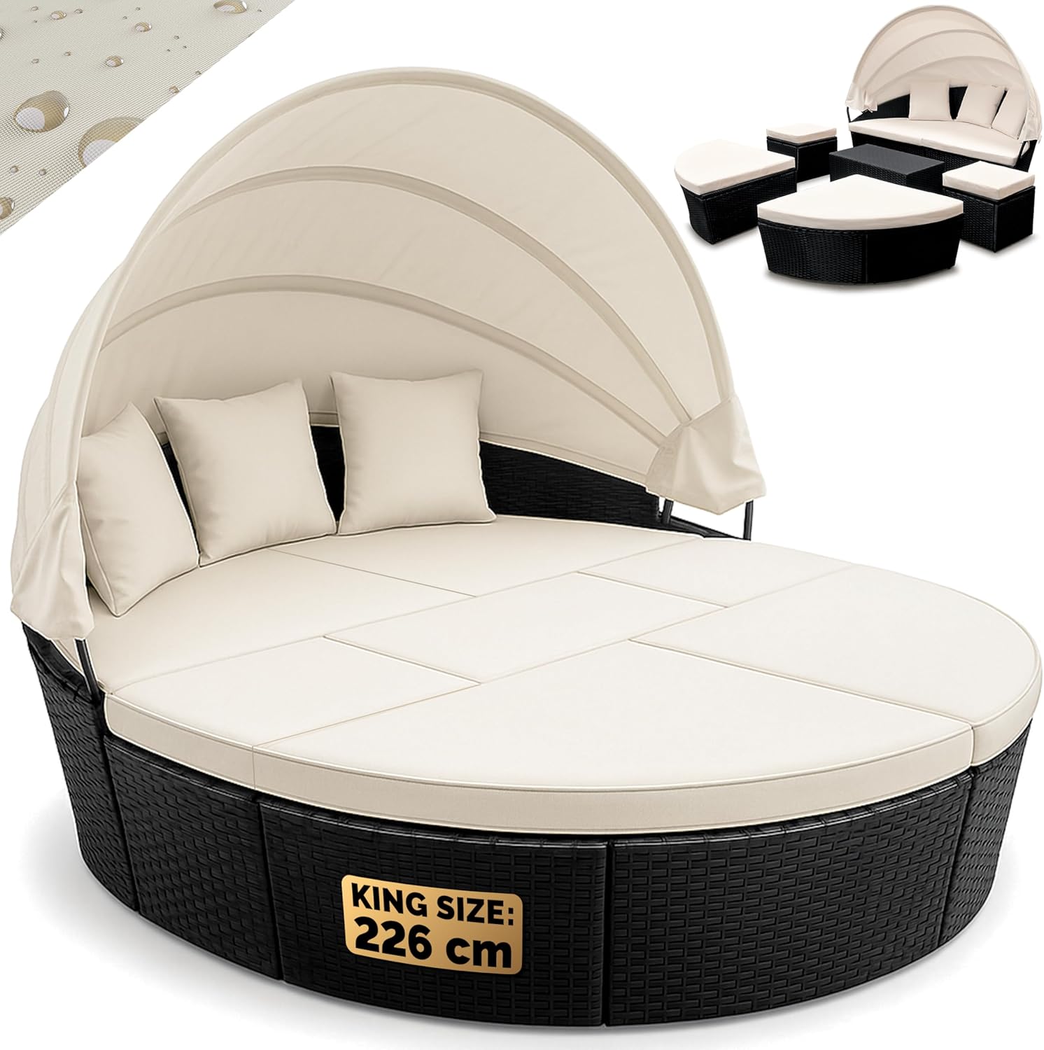 Casaria Salon de Jardin Noir Ovale 226 cm de diamètre Ensemble en polyrotin avec Coussins et Pare-Soleil Bain de Soleil