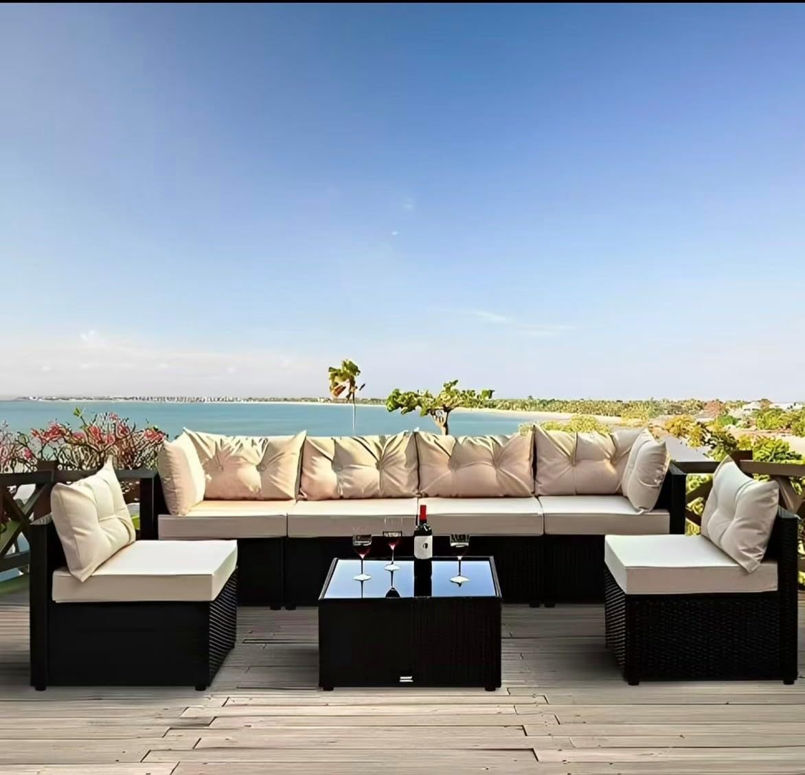 Générique Salon de Jardin Exterieur en Résine Tressée Poly Rotin Salon de Jardin 6 à 8 Personnes Fauteuil en rotin modulable, Entretien Facile