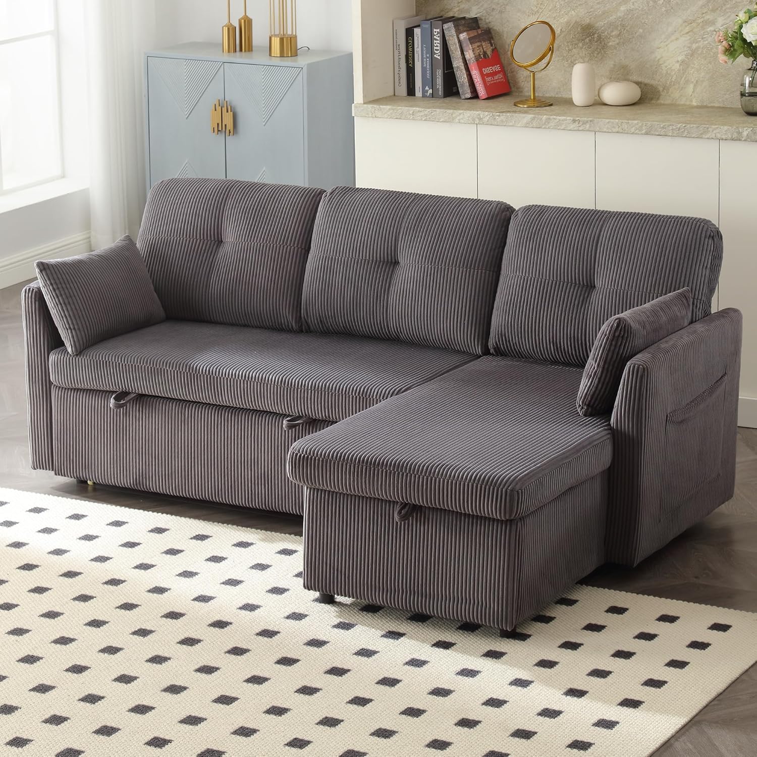 Canapé d'angle Convertible avec sièges de Rangement et Poches accoudoirs,Canapé Convertible avec Forme des Rayures,canapé 3 Places,canapé lit, Velours (Gris foncé)