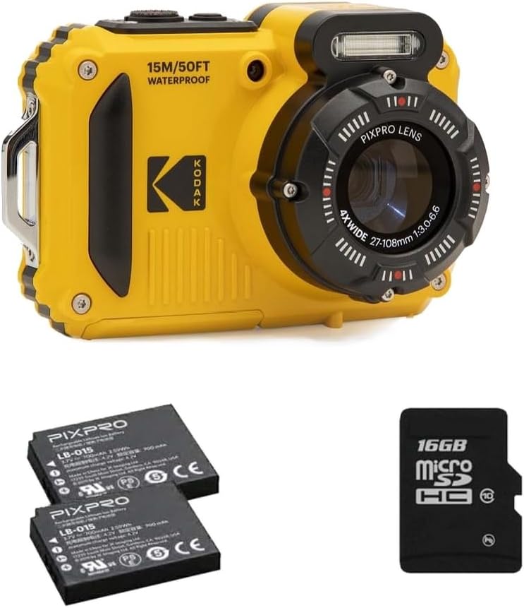 KODAK Pixpro Pack WPZ2 + 2 Batteries + 1 Carte SD - Appareil Photo Numérique Compact 16M Pixels, Etanche à 15m, Anti-Choc, Video 720p, Ecran LCD 2,7 - Batterie Li-ION - Jaune