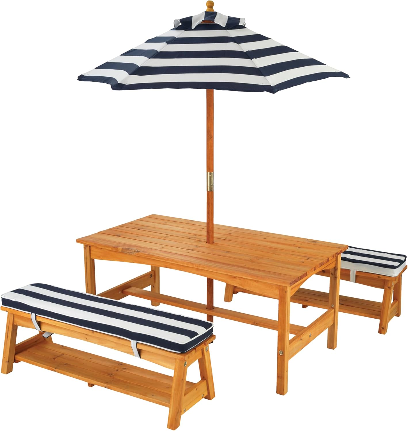 KidKraft Table et Bancs de Jardin pour Enfant avec Coussins et Parasol, Salon de Jardin extérieur en Bois pour Enfants, Rayé Bleu Marine et Blanc, 00106