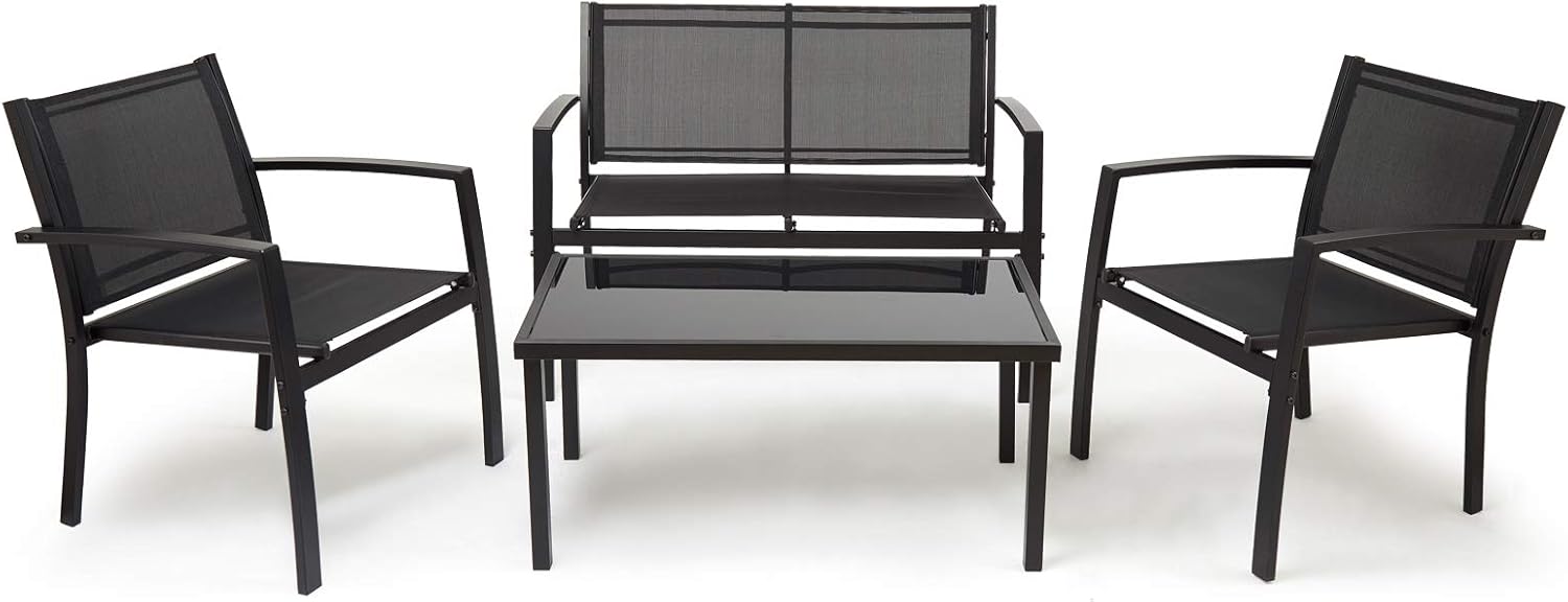 Mondeer Ensemble de Mobilier d'Extérieur 4 Pcs, Chaises du Porche pour Maison et Terrasse, Toutes Saisons - 3 Chaises et 1 Table en Verre, Noir