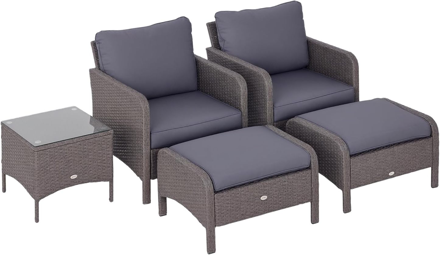 Outsunny Lot de 2 fauteuils de Jardin Grand Confort Repose-Pied Table Basse résine tressée Imitation rotin Coussins Gris