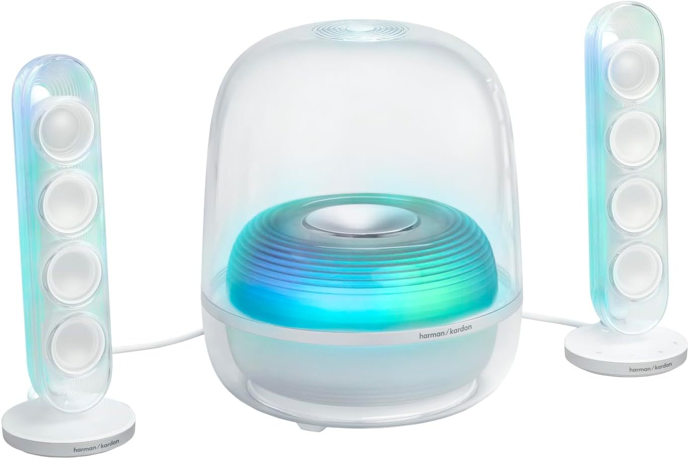 Harman Kardon SoundSticks 5 Haut-Parleur Bluetooth, Conception à 3 Voies, Connectivité HDMI Arc monocâble, Connexion Multi-Enceintes Auracast, Jeux de lumière colorés, Blanc