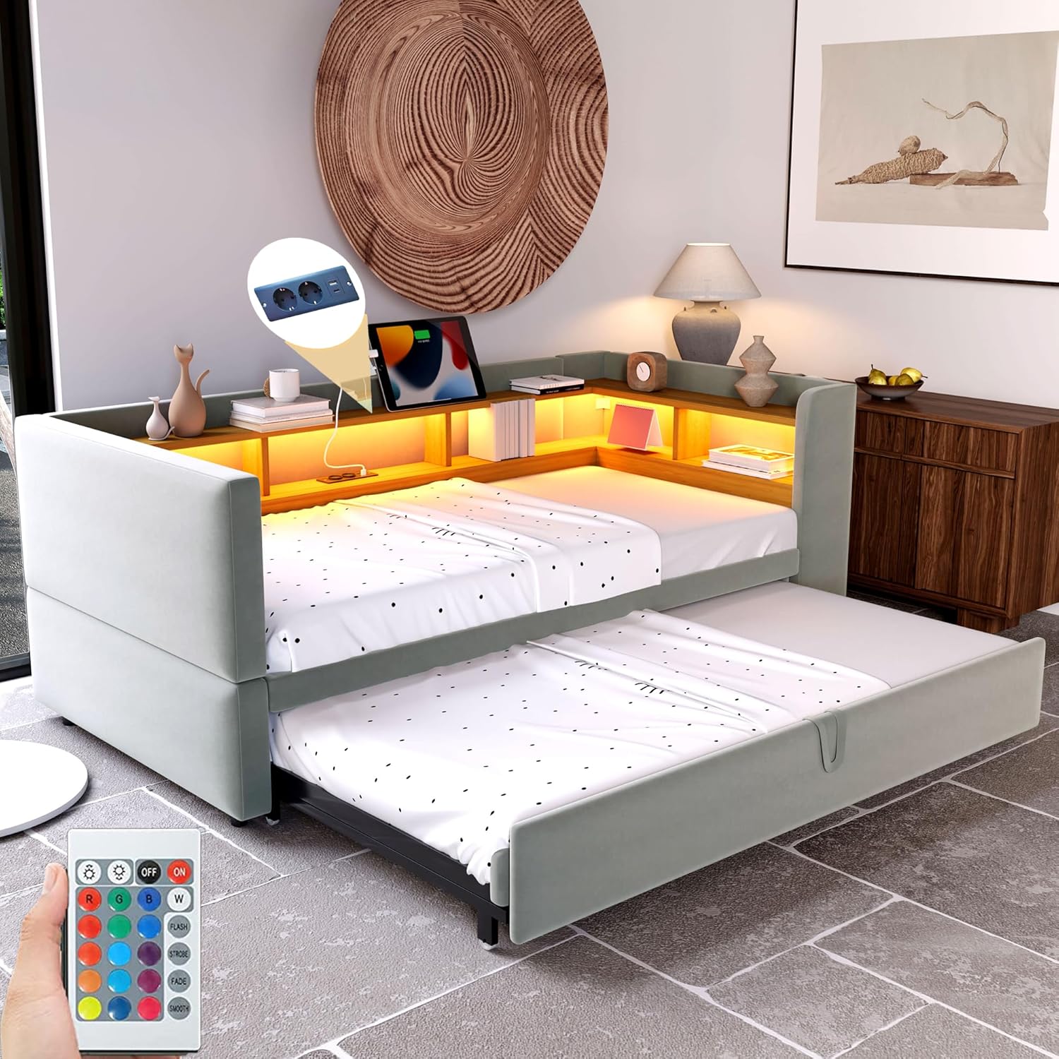 Canapé lit 90x190, Canapé Convertible avec LED et USB, lit 2 Personnes 90/180x190 avec lit gigogne et Plusieurs Compartiments de Rangement, Meuble Salon Gris Clair (sans Matelas)