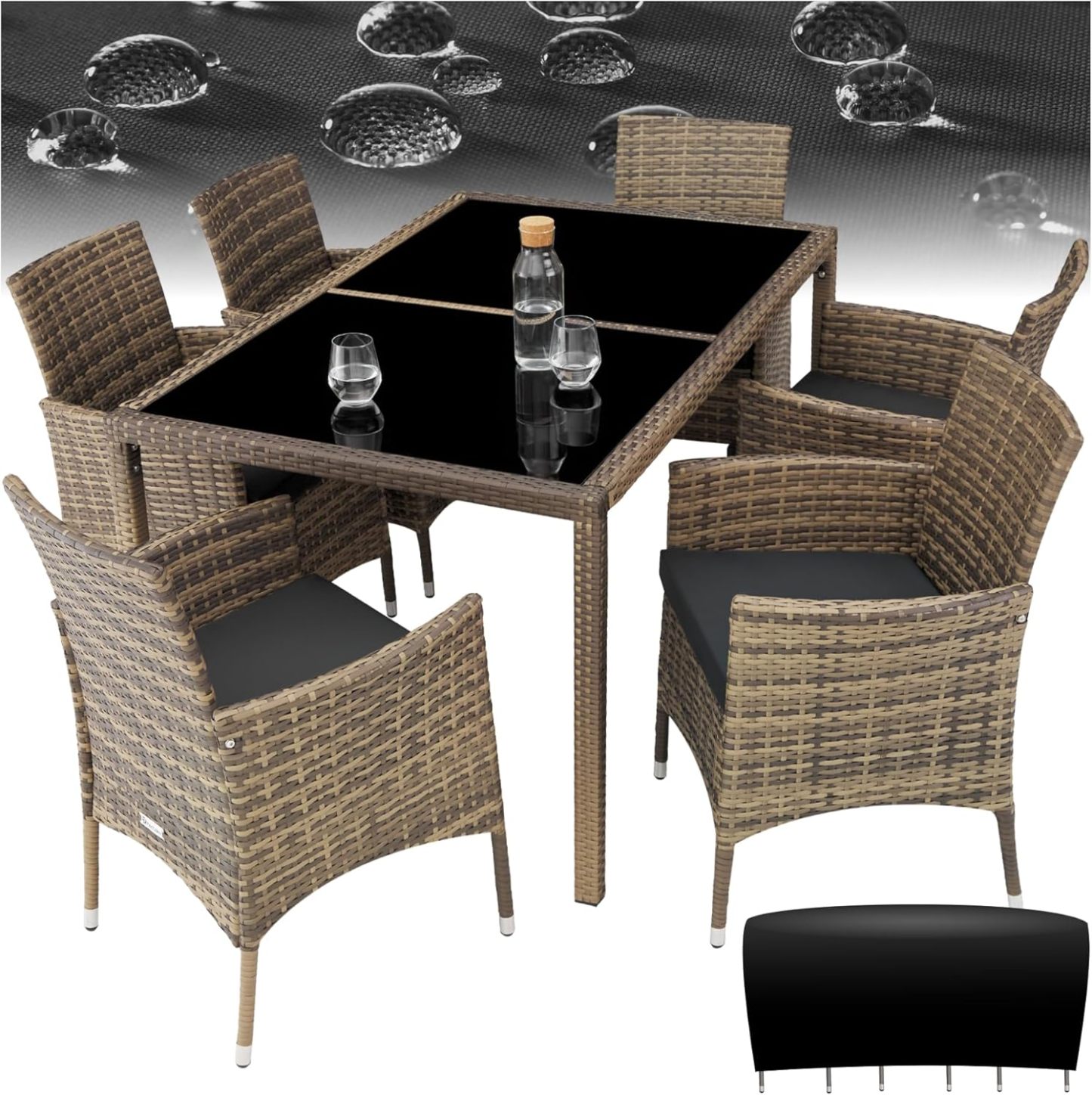 TecTake Salon de Jardin Exterieur en Poly Rotin avec Table de Jardin & 6 Chaise Confortable, Résistant aux UV, Mobilier de Jardin pour Amenagement Balcon ou Terrasse - Marron Naturel/Gris foncé