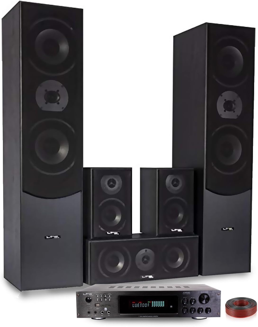Ensemble Home-Cinéma 5 Enceintes LTC E1004 Noire 850W - Ampli ATM8000 Karaoke - USB/BT/Radio FM 4x75W -3 x20W - Câble