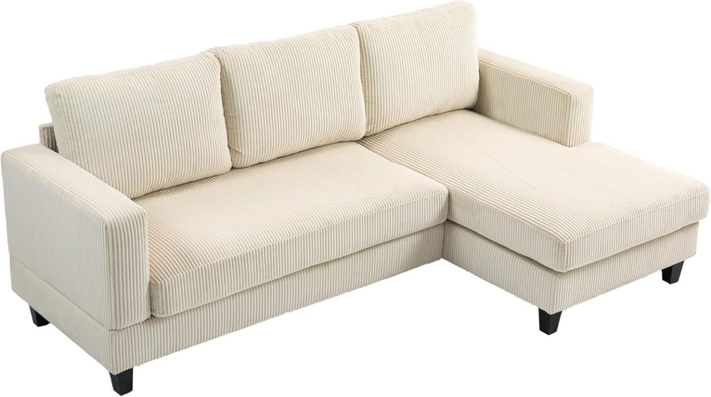 HOMCOM Canapé d'angle en Velours côtelé canapé 3 Places avec méridienne et Coussin à Ressorts épais, Largeur 214 cm, Design Moderne, Charge jusqu'à 400 Kg, pour Salon, Appartement, Beige