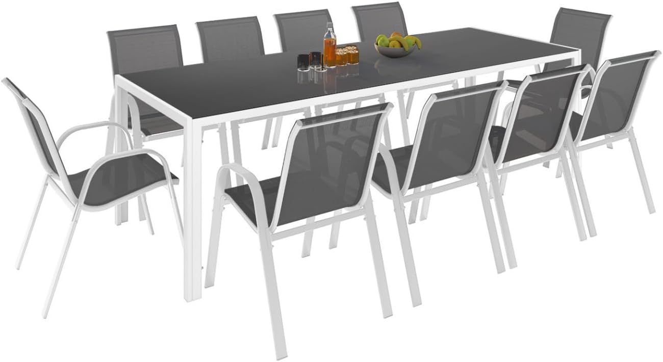 IDMarket - Salon de Jardin Madrid Table 240 CM et 10 chaises empilables Blanc et Gris